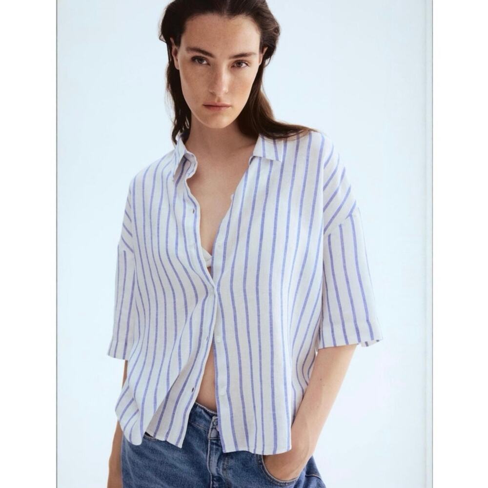 H&M Linen Blend Coastal Blue White Stripe Oversized Button Front Shirt NWT M